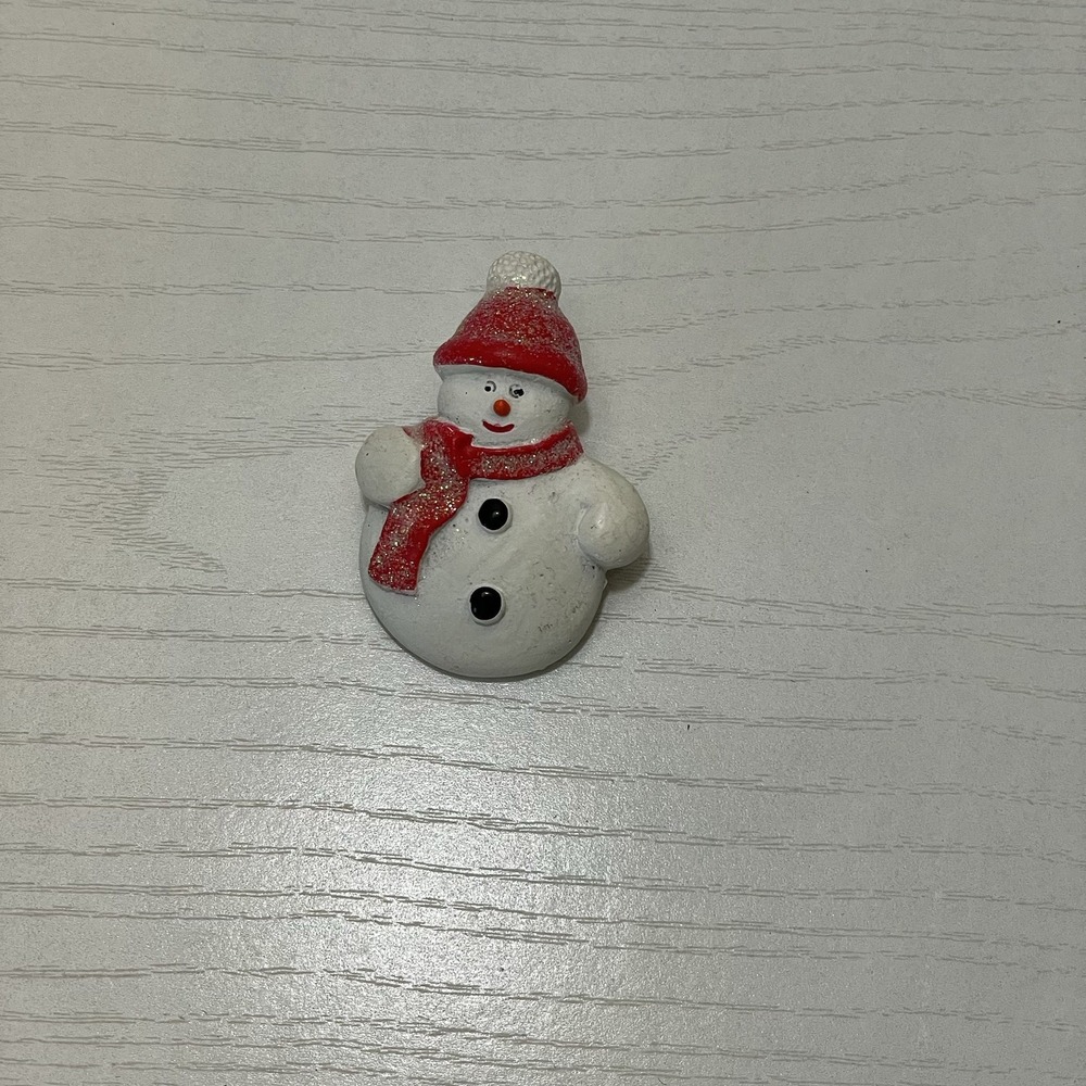 Vintage Christmas Snowman Ceramic Red Hat Scarf Glitter Scarf‎ Pin Brooch